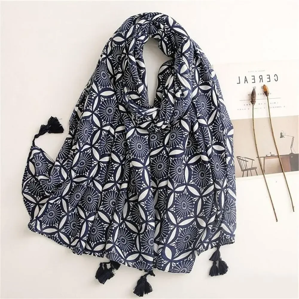 NEW Boho Exotic Tasseled Rectangle Soft Chic Scarf Large Navy Blue White